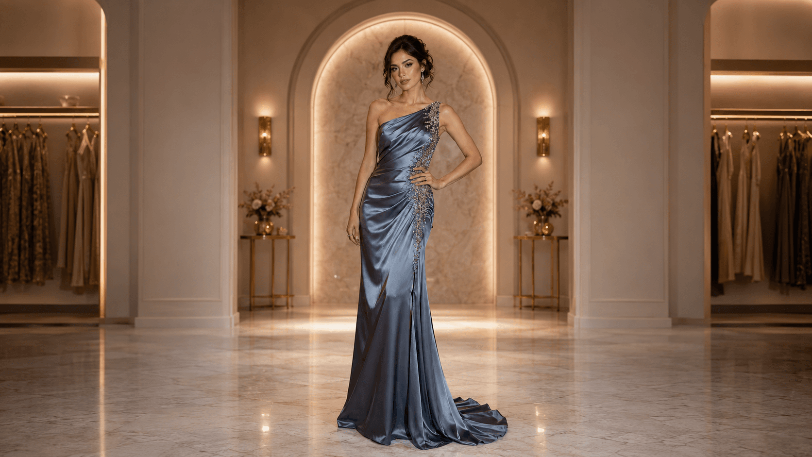 Elegant female model wearing a luxury evening dress in a premium fashion boutique setting, showcasing high-end formal dresses for women.